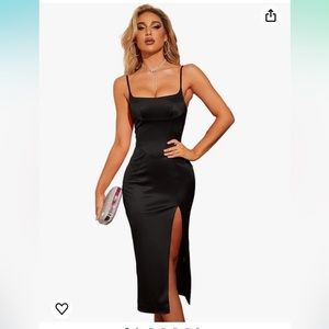 NWOT XinFSh Black Women's Sexy Slit Dress Square Neck Satin Midi Dresses